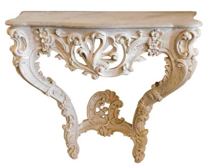 A 19thC Italian grey painted rococo carved console table, with simulated marble top, raised on a...