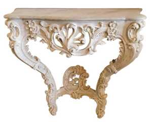 A 19thC Italian grey painted rococo carved console table, with simulated marble top, raised on a...
