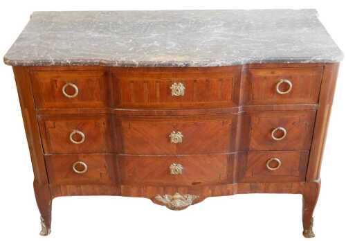 A 19thC French kingwood parquetry and gilt metal commode, with marble top, above three drawers,...