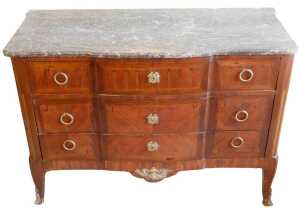 A 19thC French kingwood parquetry and gilt metal commode, with marble top, above three drawers,...