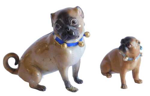 A 19thC Meissen porcelain figure of a standing pug dog, with gilt auburn blue collar, double...