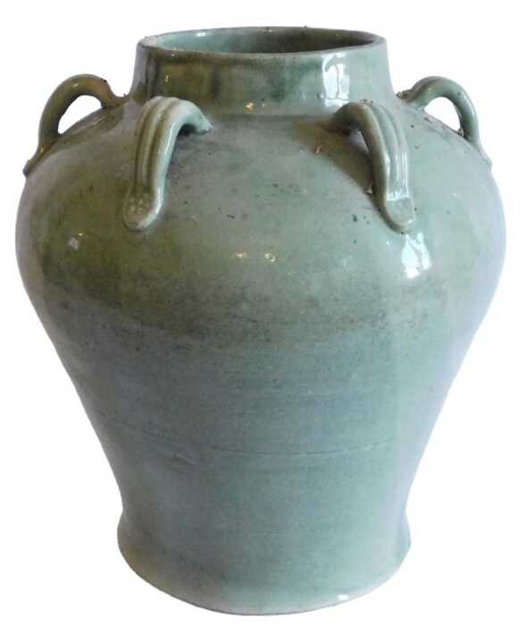 A Chinese celadon crackle glazed vase, of inverted circular form with upper moulded handles,...