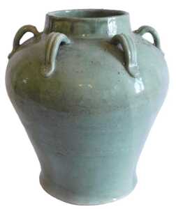 A Chinese celadon crackle glazed vase, of inverted circular form with upper moulded handles,...