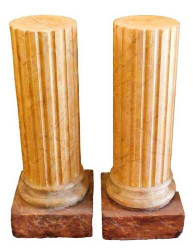 A pair of 19thC fluted columns, each painted to imitate marble, on a square base, 90cm high,...