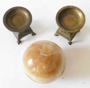 A brown onyx orb or globe, mounted on late 19thC French brass stand, 22cm high, and another... - 2