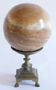 A brown onyx orb or globe, mounted on late 19thC French brass stand, 22cm high, and another... - 4