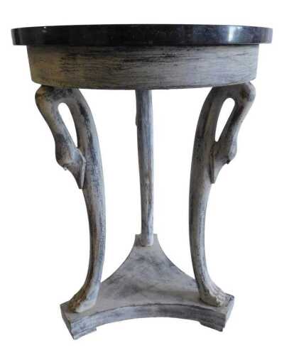 A French Louis XVI style grey painted gu&eacute;ridon, with a circular marble top, the stand with...