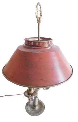 A 19thC French gilt brass three branch table lamp, with acanthus leaf scroll arms, on a baluster...