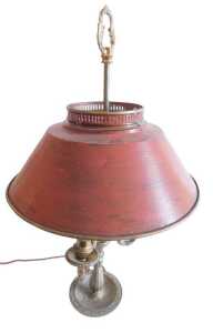 A 19thC French gilt brass three branch table lamp, with acanthus leaf scroll arms, on a baluster...
