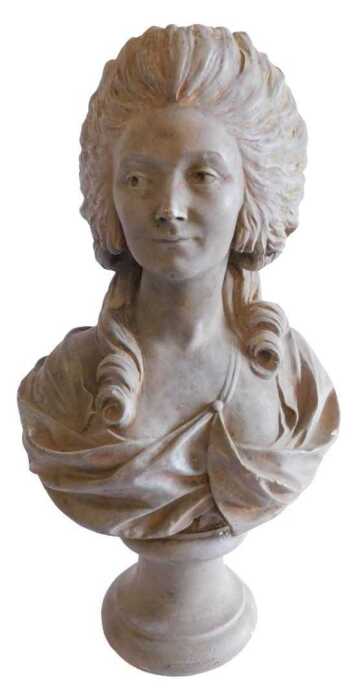 A French painted terracotta bust of a lady, in 18thC style, quarter profile, on turned socle,...