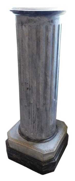 A 19thC continental grey painted fluted column, on stepped and canted square plinth, 132cm high....