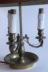 A French gilt brass three branch candelabrum, with acanthus leaf scroll arms, on a baluster stem... - 2