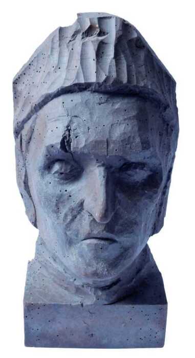 A 19thC carved wooden death plaque of Dante Alighieri, on a rectangular base, 36cm high. Offsite...
