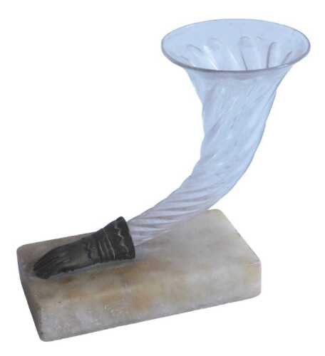 A 19thC glass brass and marble Grand Tour style cornucopia desk vase, with removable scroll...