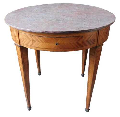 A French kingwood occasional table, with associated circular painted simulated marble top,...