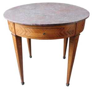 A French kingwood occasional table, with associated circular painted simulated marble top,...