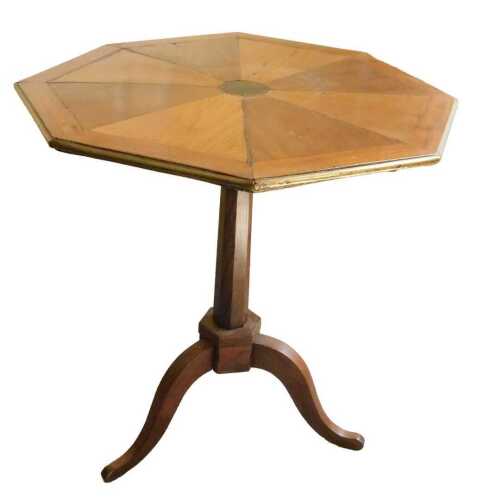 A 19thC French mahogany table, the octagonal top with a brass border on a tapering column and...
