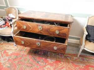 An 18thC walnut Louis XVI commode, the rectangular top with canted corners, above two chevron... - 2