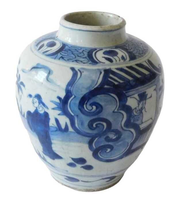 A Chinese Ming porcelain blue and white vase, of tapering circular form, geometric floral design,...