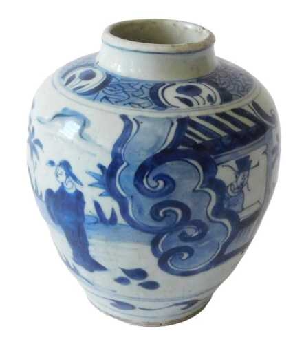A Chinese Ming porcelain blue and white vase, of tapering circular form, geometric floral design,...