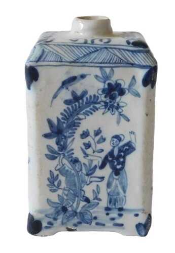 A 19thC Dutch Delft tin glazed earthenware blue and white tea caddy, of rectangular form, the...