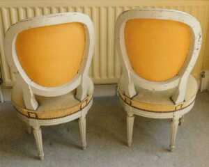 A pair of 19thC Louis XVI style grey painted chauffeuses, each with beaded backs and circular... - 2