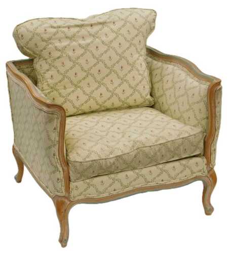 A 20thC French beech framed fauteuil, with partial turquoise painting, upholstered in cream...