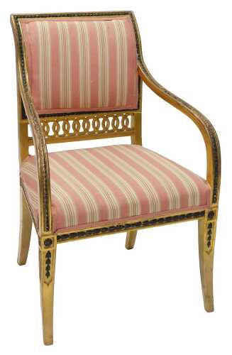 An early 19thC Louis XVI style giltwood open armchair, with an ebonised bell flower border,...