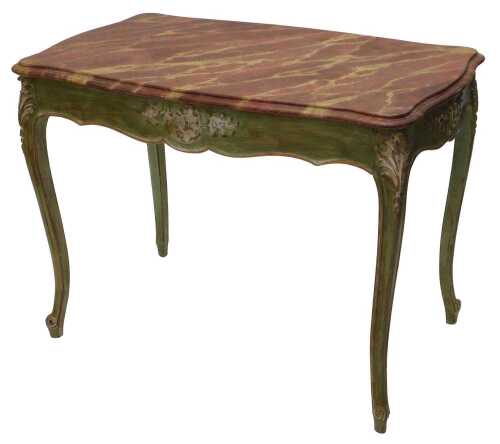 A Louis XVI style side table, with simulated marble top above heavily carved painted wooden...