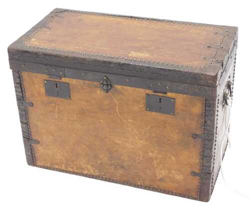A late 19thC metal bound silver trunk,, of rectangular form, with studded metal border and plain...