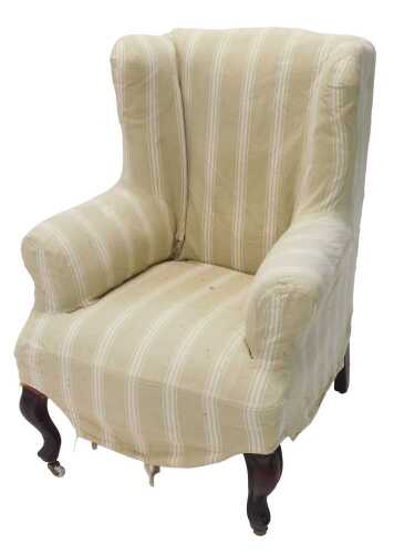 A 19thC mahogany framed wing armchair, with later striped green and cream material, on cabriole...