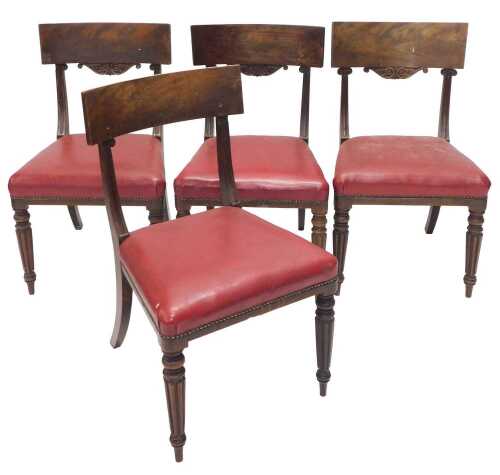 A set of four 19thC mahogany dining chairs, Trafalgar style backs, red leather padded seats, on...