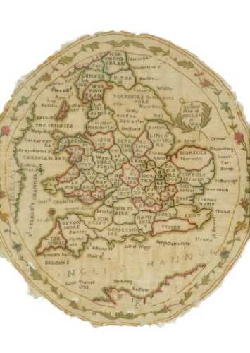A George III pictorial atlas sampler, signed Sarah Turnell 1782, showing counties of England in...
