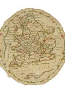 A George III pictorial atlas sampler, signed Sarah Turnell 1782, showing counties of England in...