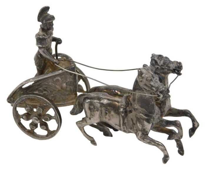 A late 19thC miniature model of a Roman chariot, with two horses, shaped reins, standing...