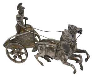 A late 19thC miniature model of a Roman chariot, with two horses, shaped reins, standing...