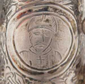 A 19thC miniature model of a samovar, heavily chased with panels set with figures on scroll feet,... - 4