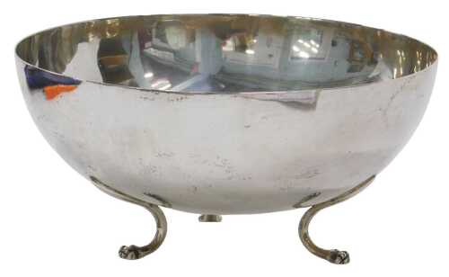 A 20thC bowl, of circular form, on triple hoof feet, marked S800, 19cm diameter, 11oz.