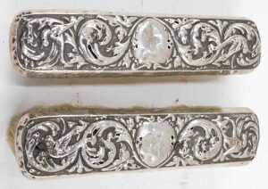 A Victorian harlequin silver five piece dressing table set, to include hairbrush repousse... - 9