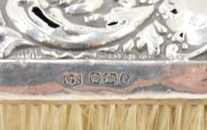A Victorian harlequin silver five piece dressing table set, to include hairbrush repousse... - 11