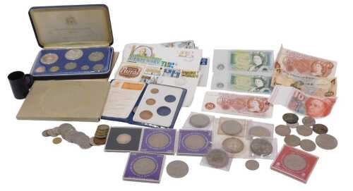 Various coins, banknotes, etc., a First National Coinage of Barbados proof set, to include some...