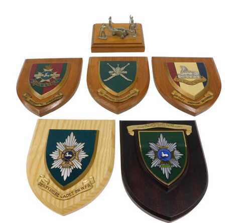 Various regimental oak backed plaques, to include Second East Anglian Regiment, 21cm high, 15cm...