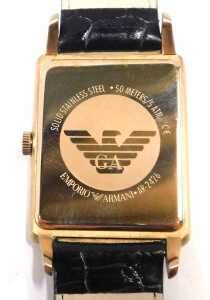 An Emporio Armani fashion watch, the 3cm wide rectangular face with gilt coloured baton pointers... - 4