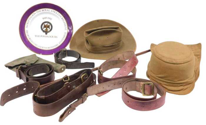 Various army related items, etc., a John Bardsley & Sons size 6 khaki felt slouch hat, various...