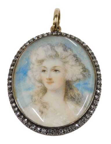 English School. Portrait miniature of a lady, gouache on paper, in oval surround, in yellow...