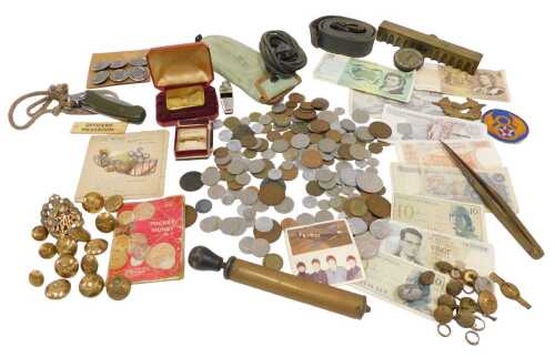 Various coins and banknotes, world used, etc., to include one hundred Franc note, various other...