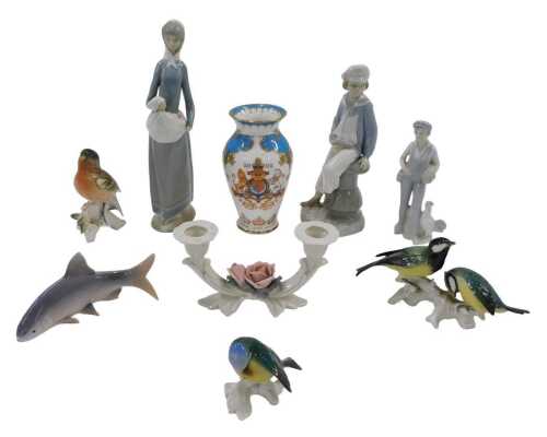 Various china, pottery and effects, to include a quantity of bird ornaments, Royal Copenhagen...