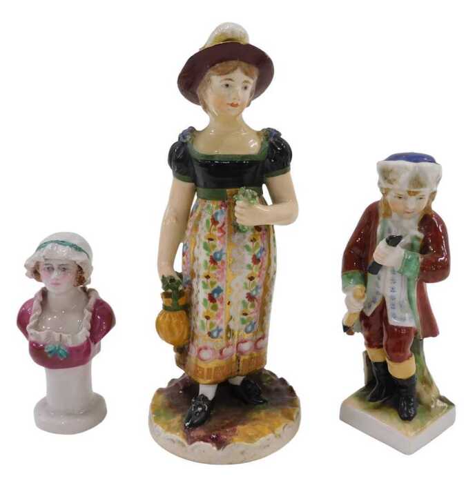Various 19thC pottery and effects, a 19thC portrait bust of a lady wearing bonnet and pink shawl,...