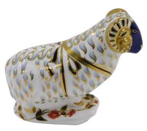 A Royal Crown Derby paperweight ornament of a ram, with silver stopper, 14cm high.