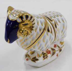 A Royal Crown Derby paperweight ornament of a ram, with silver stopper, 14cm high. - 2